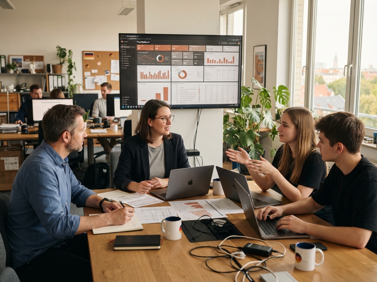 Dvegrontur Team bei der Analyse von Marktdaten am Bildschirm